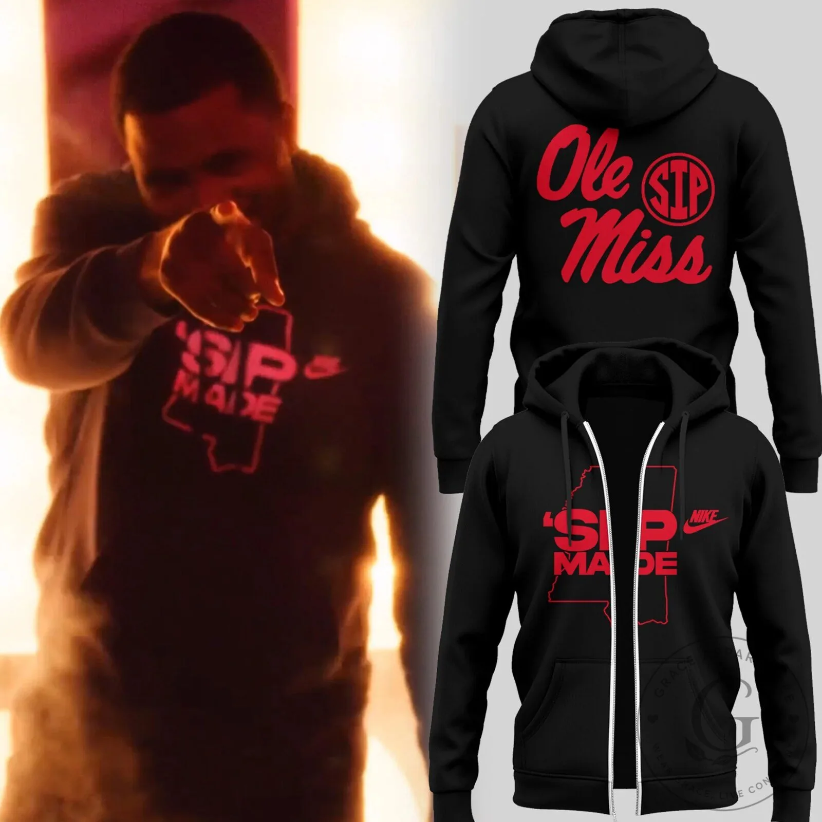 Ole Miss The Sip Made Mississippi State Outline Black Zip Hoodie