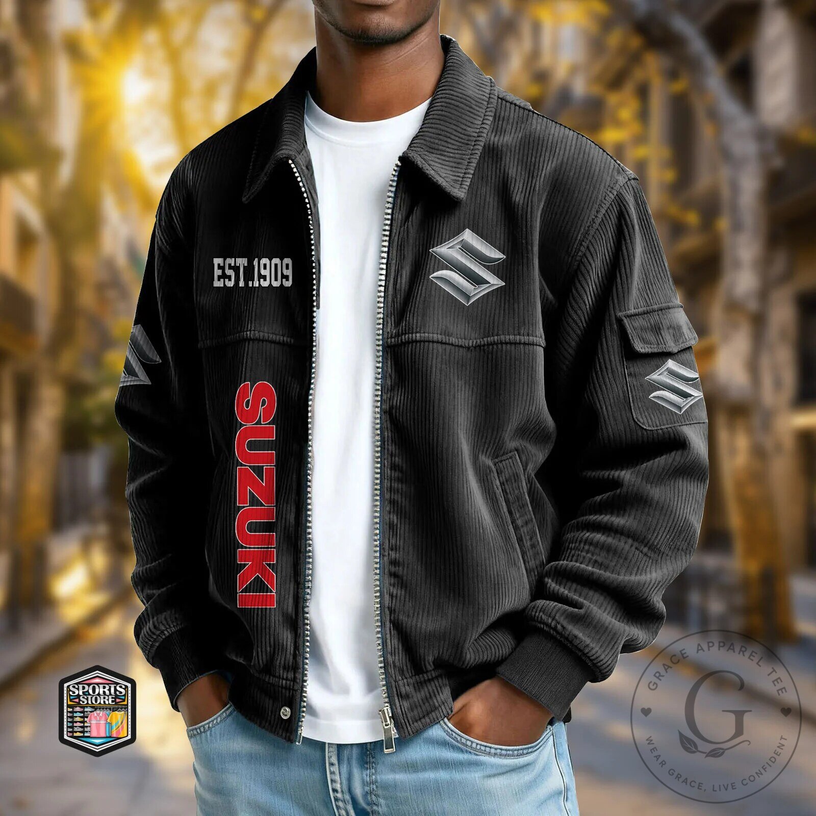 Suzuki Motor Corporation Est. 1909 Black Corduroy Jacket